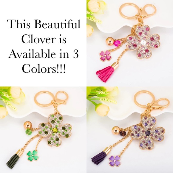Green & Silver Crystal Four Leaf Clover Keychain with Tassel Charms - Picture 4 of 16
